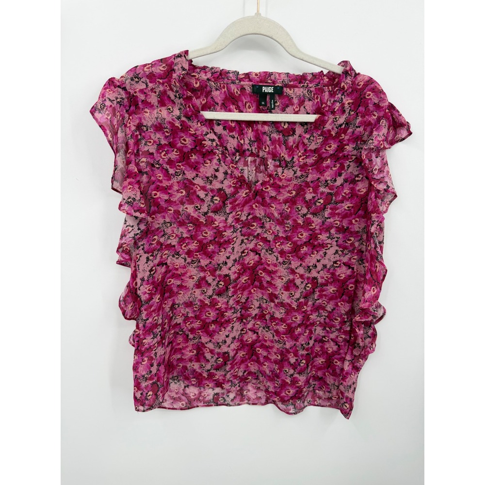 PAIGE Winona Blouse Women M Pink Chateau Rose Multi Floral Ruffle 100% Silk Top